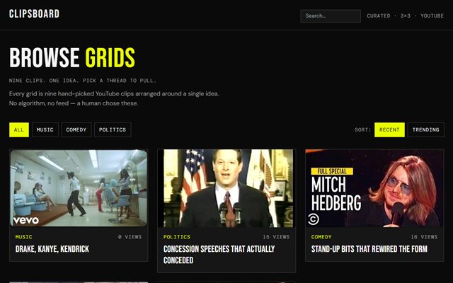 Clipsboard — curated 3×3 grids of YouTube clips