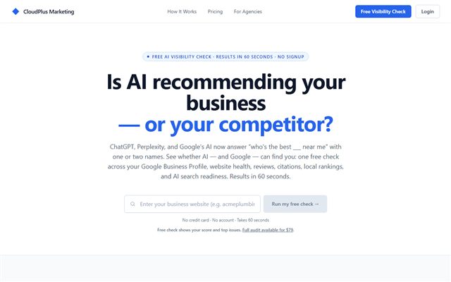 CloudPlus Marketing homepage — AI visibility check for local businesses